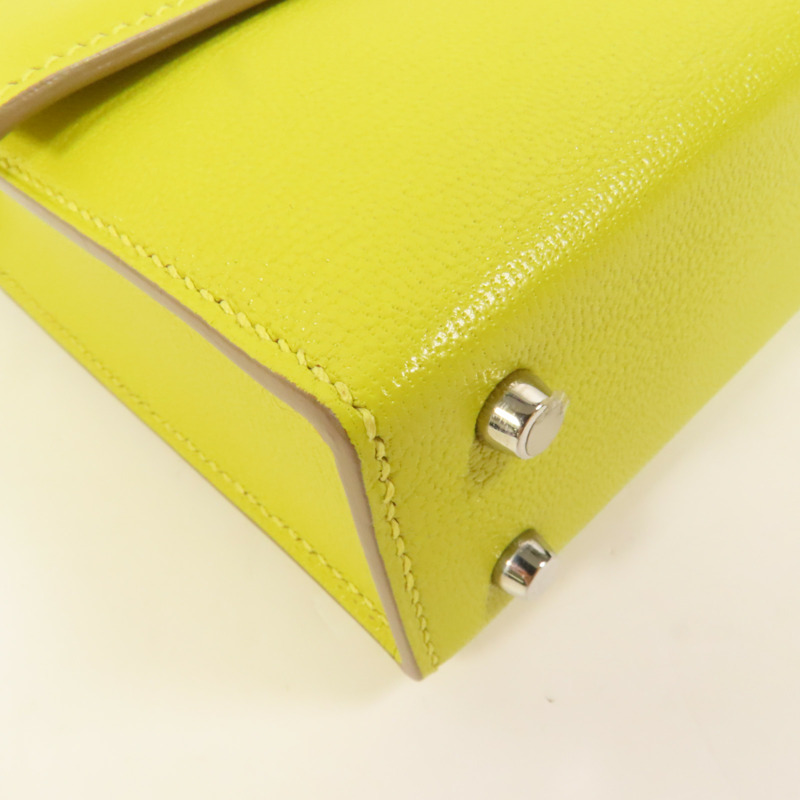 HERMES Chevre皮革Verrou Mini銀扣鏈帶肩背袋Lime-10
