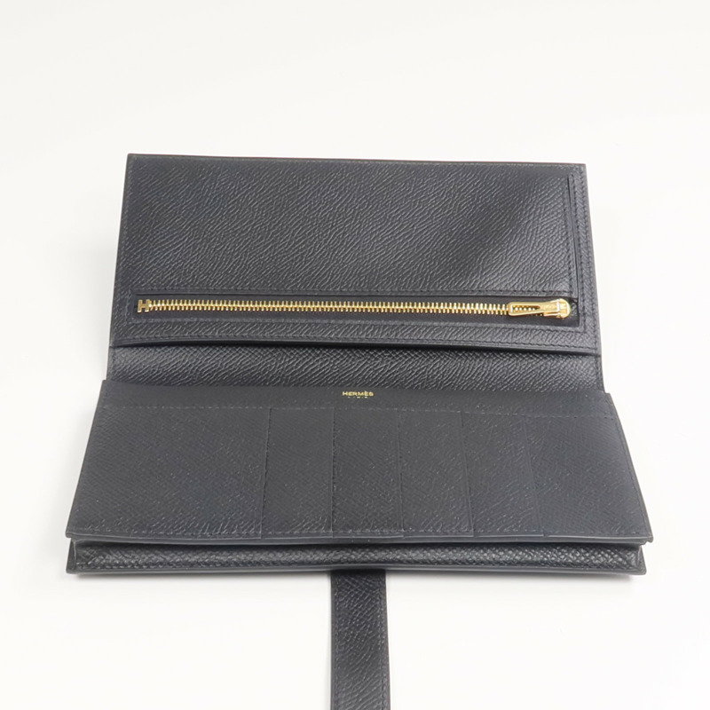HERMES Epsom皮革Bearn Wallet金扣長錢包Noir-11