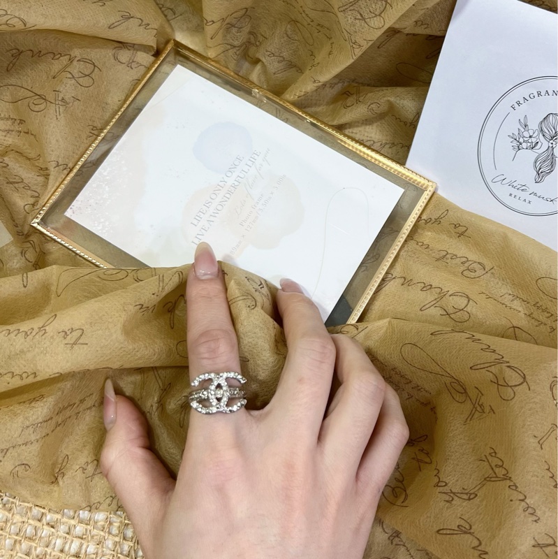 Chanel 滿鑽鑲嵌 雙C Logo 戒指 銀色-11