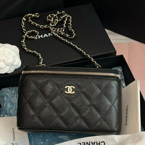 全新品 香奈兒/Chanel黑金荔枝皮化粧鏈條盒子包