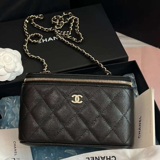 全新品 香奈兒/Chanel黑金荔枝皮化粧鏈條盒子包-0