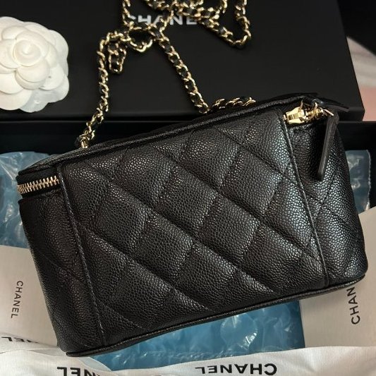 全新品 香奈兒/Chanel黑金荔枝皮化粧鏈條盒子包-1