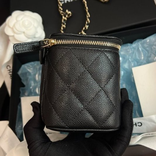 全新品 香奈兒/Chanel黑金荔枝皮化粧鏈條盒子包-2