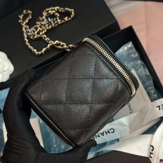 全新品 香奈兒/Chanel黑金荔枝皮化粧鏈條盒子包-3