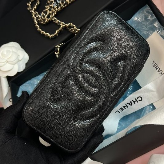 全新品 香奈兒/Chanel黑金荔枝皮化粧鏈條盒子包-4