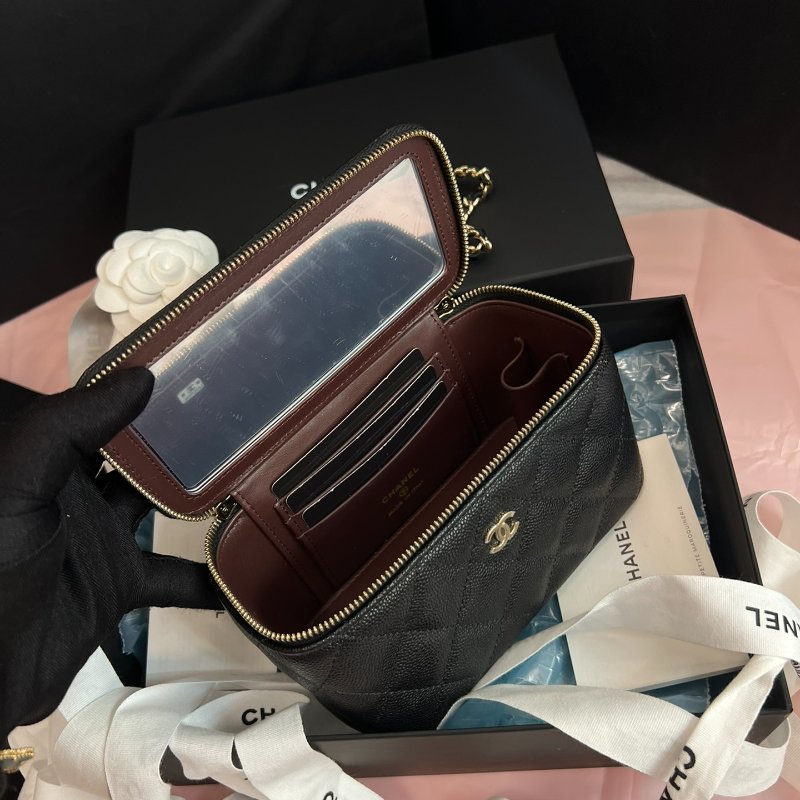 全新品 香奈兒/Chanel黑金荔枝皮化粧鏈條盒子包-5