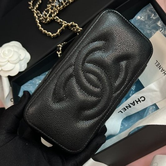 全新品 香奈兒/Chanel黑金荔枝皮化粧鏈條盒子包-8