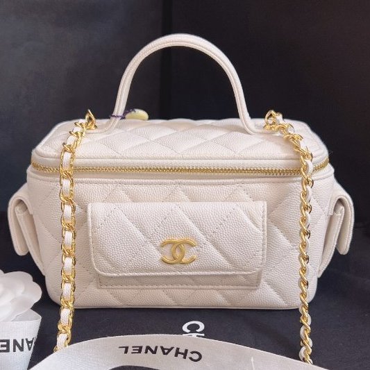 全新品 香奈兒/Chanel Cargo 白金荔枝牛皮化粧盒子 芯片款-0