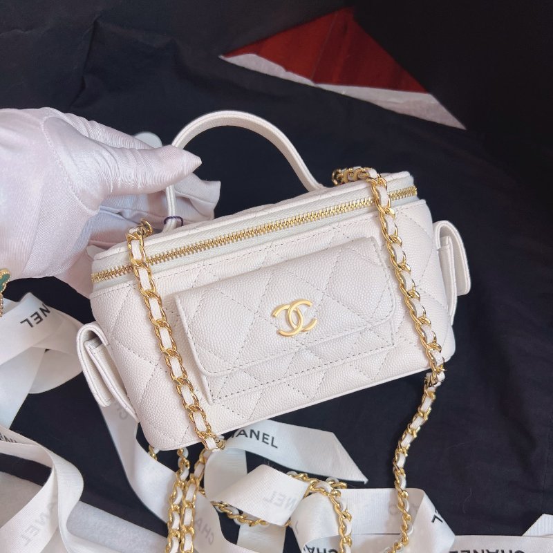 全新品 香奈兒/Chanel Cargo 白金荔枝牛皮化粧盒子 芯片款-5