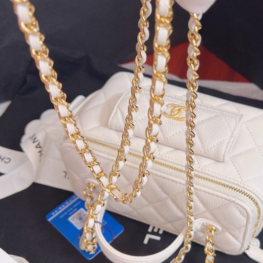 全新品 香奈兒/Chanel Cargo 白金荔枝牛皮化粧盒子 芯片款-9