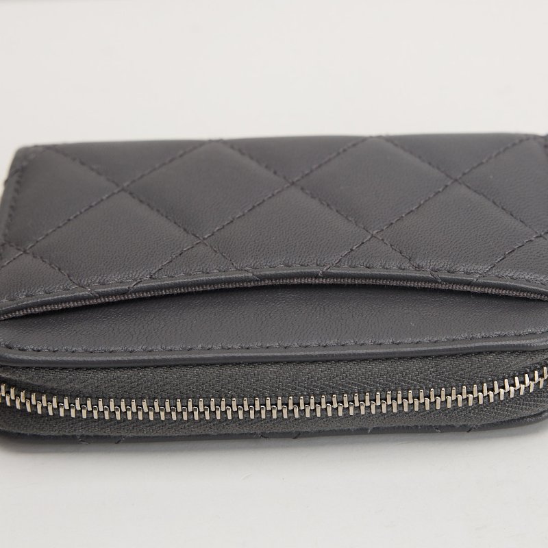 二手Chanel 新款拉鍊零錢包/灰銀 芯片款-10