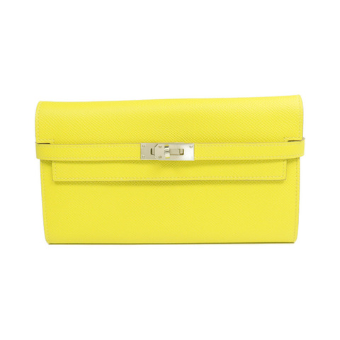 HERMES Epsom皮革Kelly Wallet銀扣長錢包Jaune de Naples