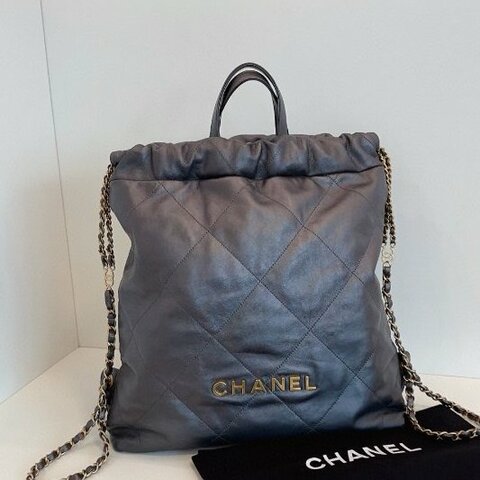 近新品 香奈兒/Chanel 22bag槍灰色金字鏈條後背包 芯片款