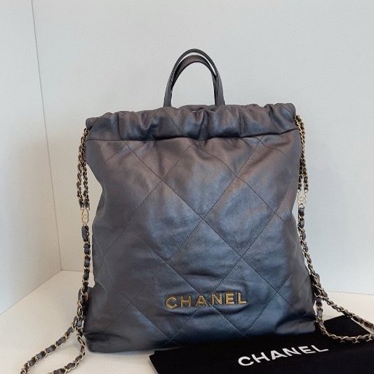 近新品 香奈兒/Chanel 22bag槍灰色金字鏈條後背包 芯片款-0