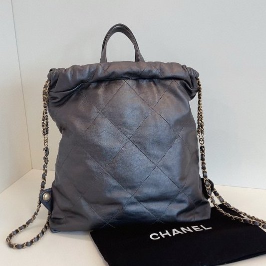 近新品 香奈兒/Chanel 22bag槍灰色金字鏈條後背包 芯片款-1