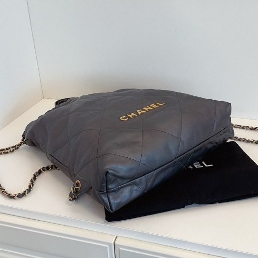 近新品 香奈兒/Chanel 22bag槍灰色金字鏈條後背包 芯片款-4