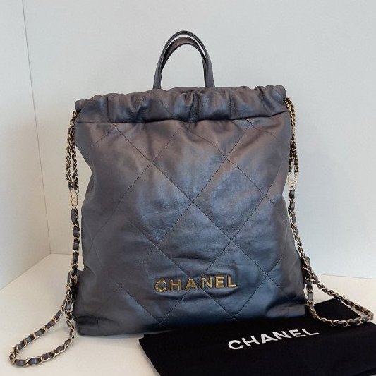 近新品 香奈兒/Chanel 22bag槍灰色金字鏈條後背包 芯片款-5