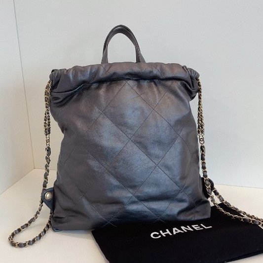 近新品 香奈兒/Chanel 22bag槍灰色金字鏈條後背包 芯片款-6