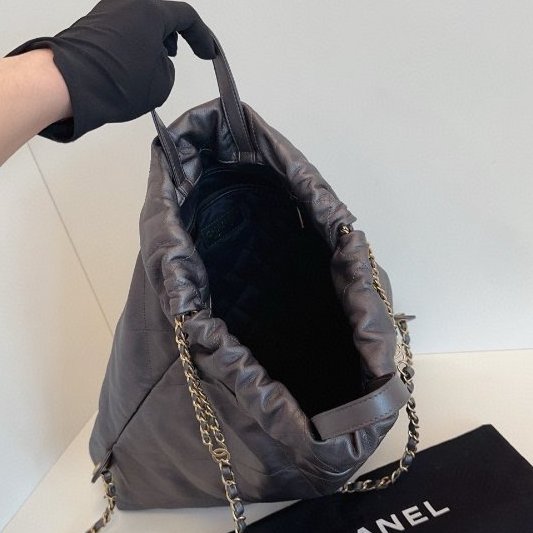 近新品 香奈兒/Chanel 22bag槍灰色金字鏈條後背包 芯片款-8