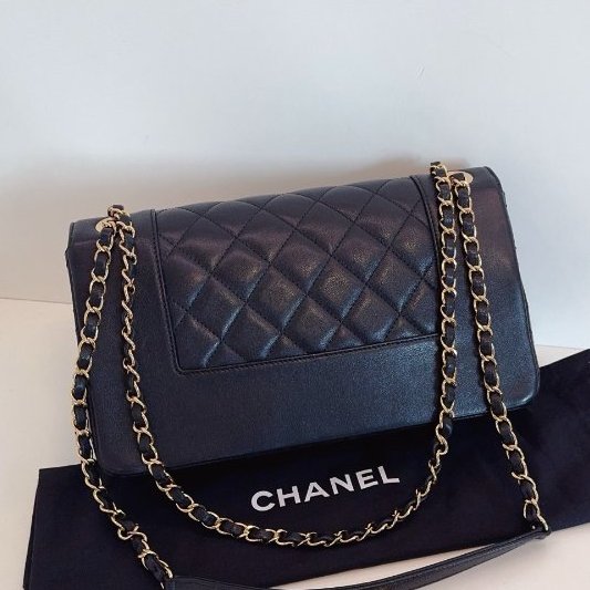 近新品 香奈兒/Chanel黑金牛皮 琺瑯扣雙C雙蓋鏈條包-1