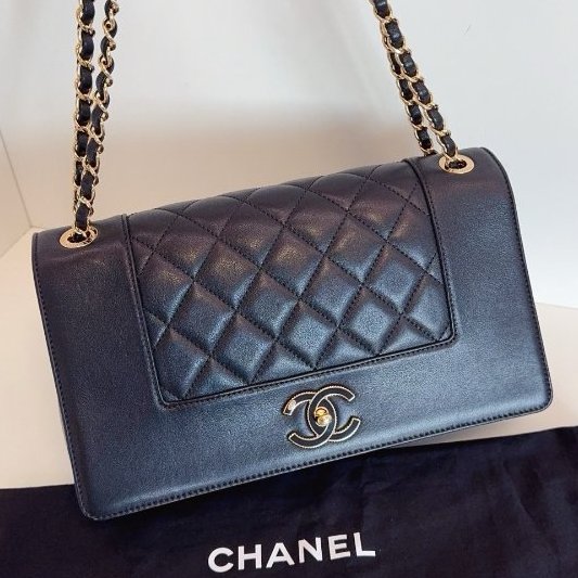 近新品 香奈兒/Chanel黑金牛皮 琺瑯扣雙C雙蓋鏈條包-5