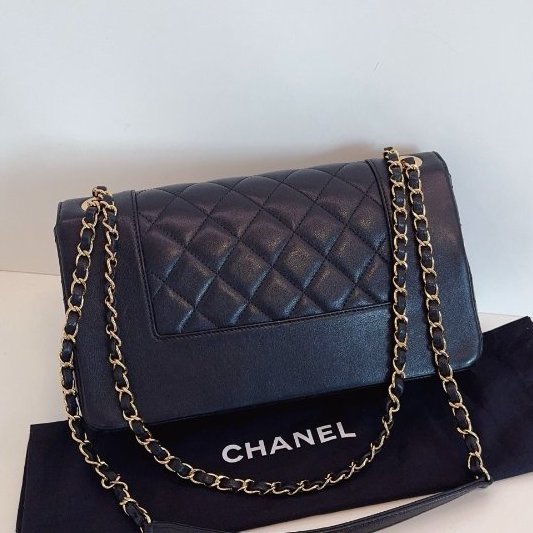 近新品 香奈兒/Chanel黑金牛皮 琺瑯扣雙C雙蓋鏈條包-6