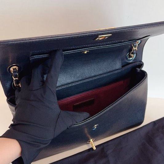 近新品 香奈兒/Chanel黑金牛皮 琺瑯扣雙C雙蓋鏈條包-8