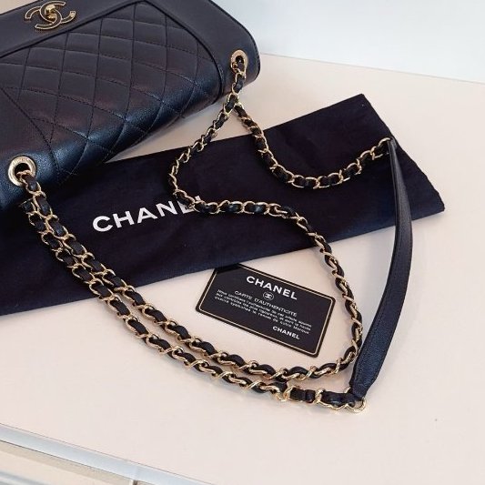 近新品 香奈兒/Chanel黑金牛皮 琺瑯扣雙C雙蓋鏈條包-9