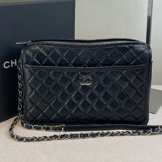 香奈兒/Chanel 黑銀牛皮菱格紋相機包 鏈條肩背包-0