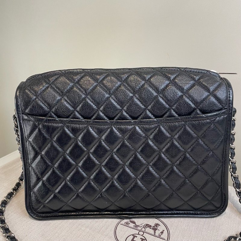 香奈兒/Chanel 黑銀牛皮菱格紋相機包 鏈條肩背包-1