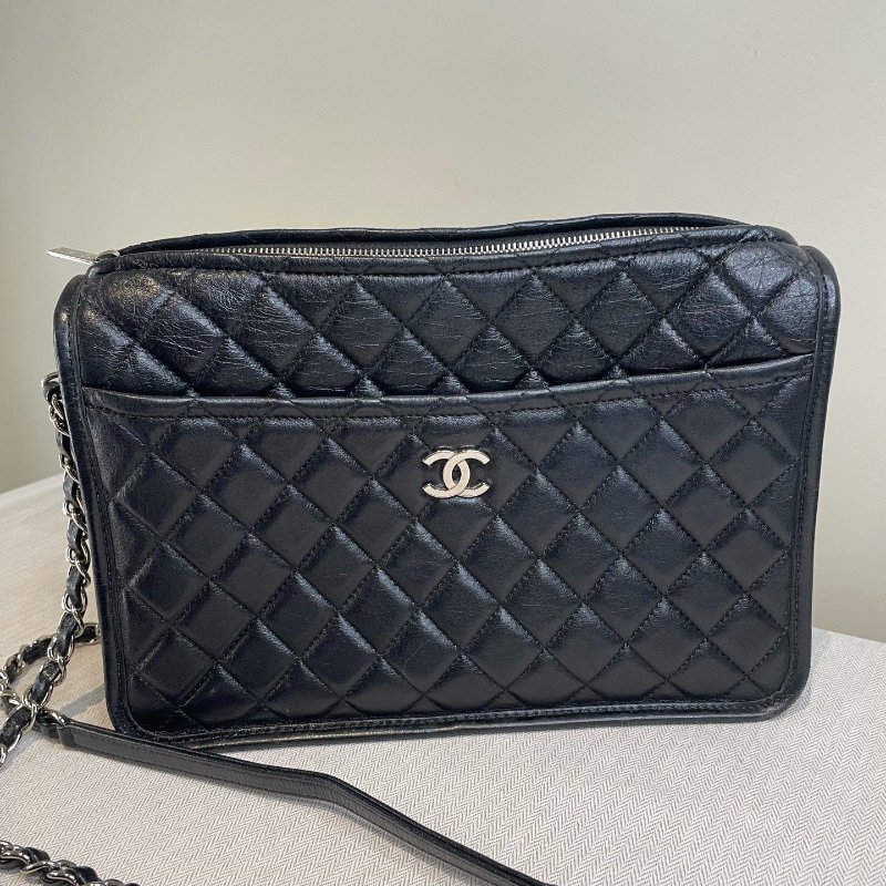 香奈兒/Chanel 黑銀牛皮菱格紋相機包 鏈條肩背包-6