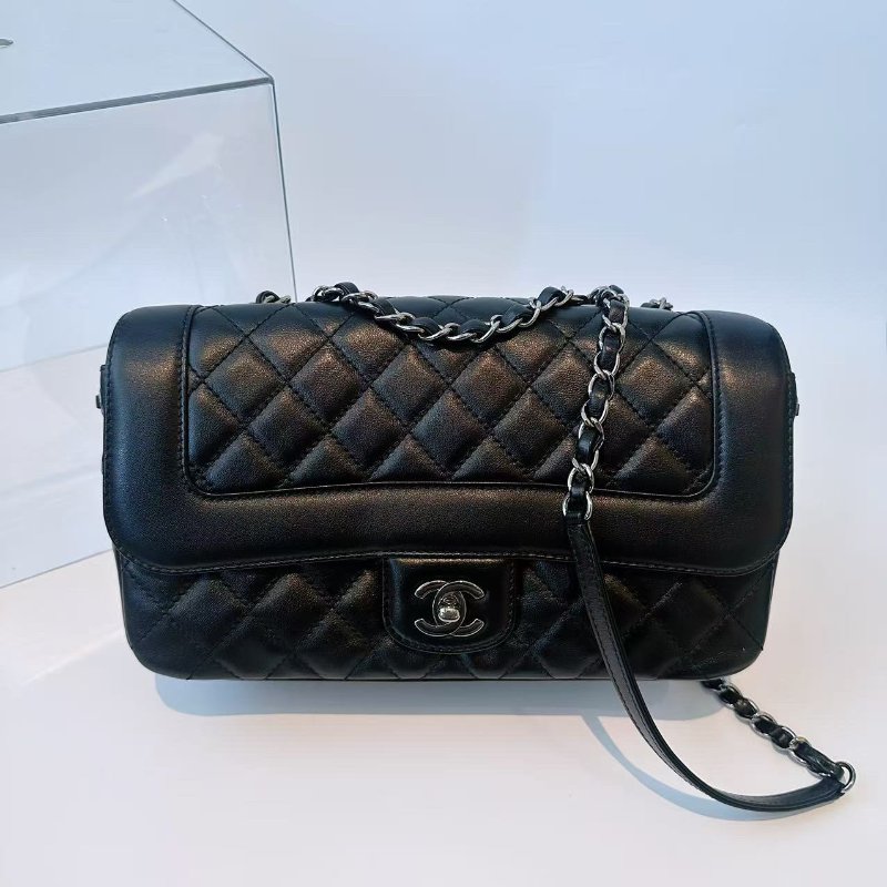 香奈兒/Chanel 黑銀牛皮綁帶CF鏈條肩背包-0