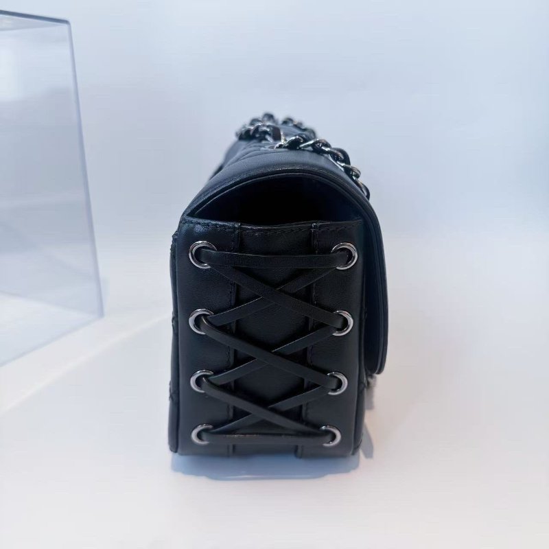 香奈兒/Chanel 黑銀牛皮綁帶CF鏈條肩背包-3