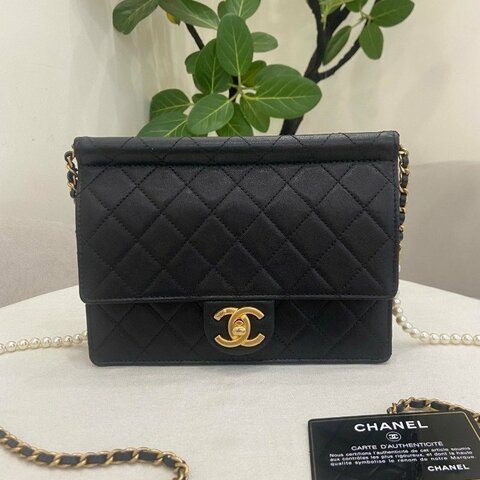 香奈兒/Chanel CF黑金羊皮小號珍珠鏈條包