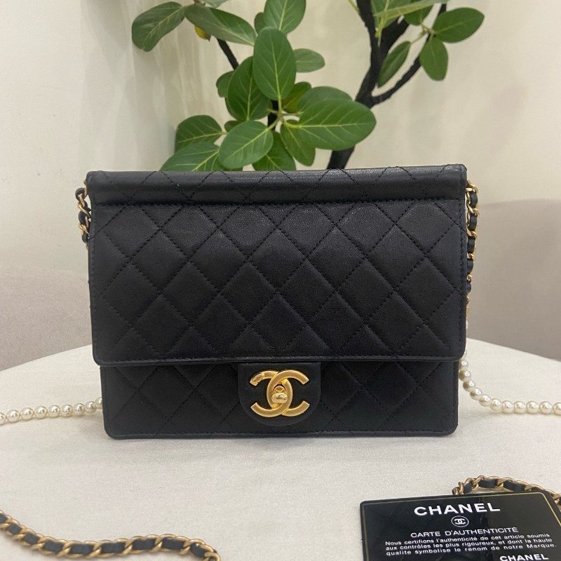 香奈兒/Chanel CF黑金羊皮小號珍珠鏈條包-5