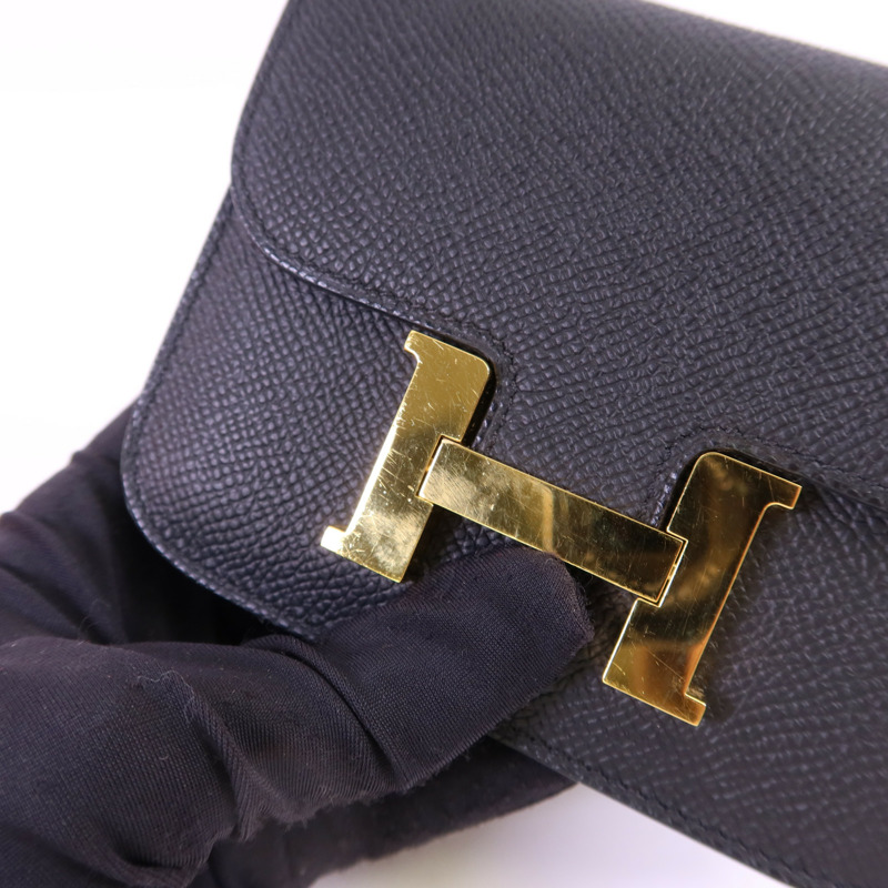 HERMES Epsom皮革Constance Slim金扣錢包Noir-18