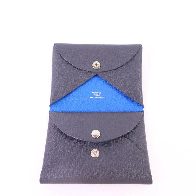 HERMES Epsom皮革Calvi Duo銀扣卡片套Graphite/Bleu Hydra-4