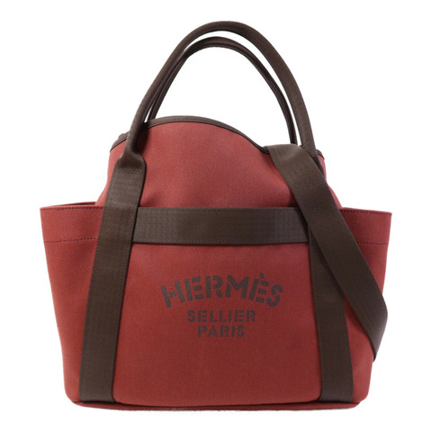 HERMES 帆布Grooming Bag銀扣手挽肩背兩用袋Rouge H/Chocolat