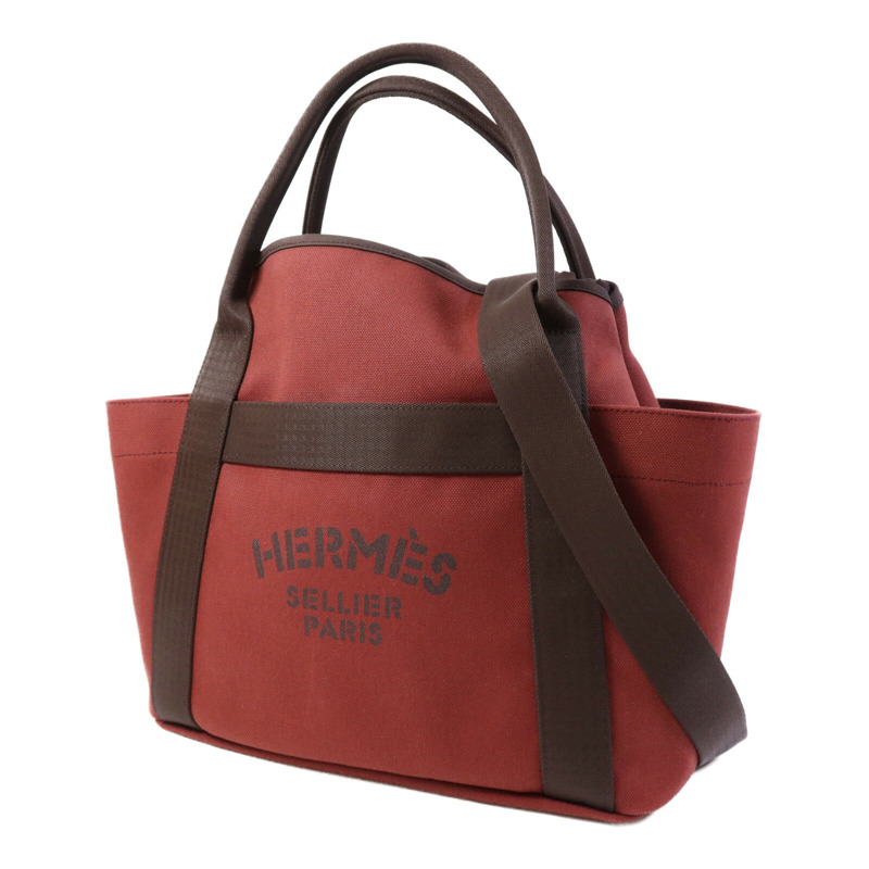 HERMES 帆布Grooming Bag銀扣手挽肩背兩用袋Rouge H/Chocolat-2