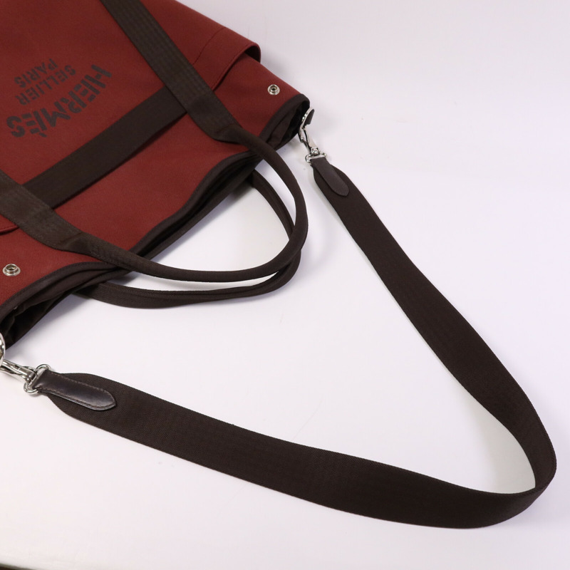 HERMES 帆布Grooming Bag銀扣手挽肩背兩用袋Rouge H/Chocolat-8