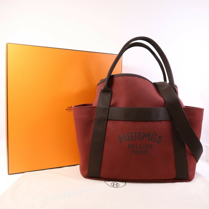 HERMES 帆布Grooming Bag銀扣手挽肩背兩用袋Rouge H/Chocolat-9