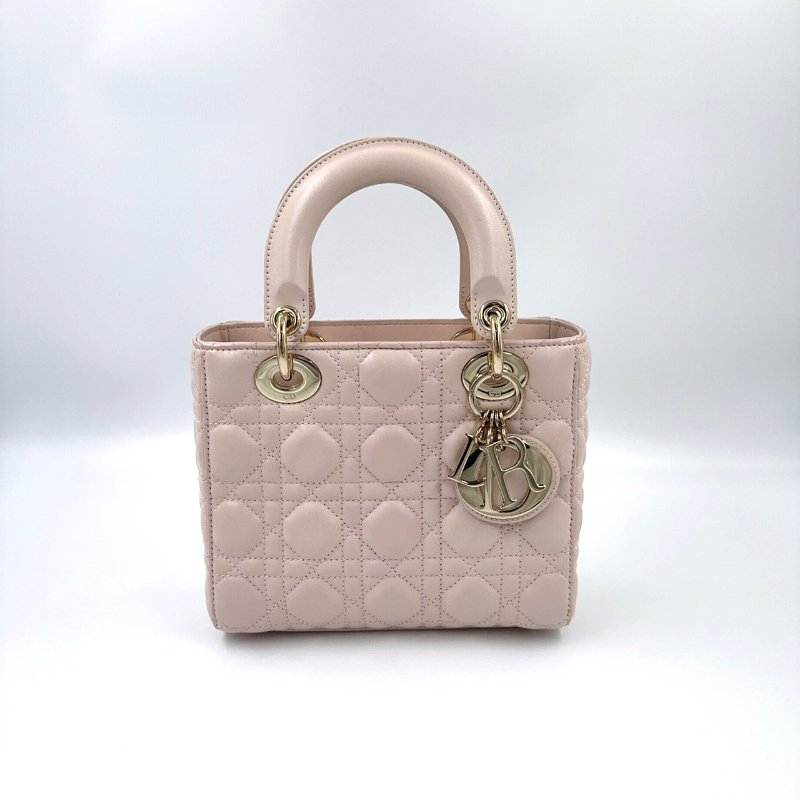 Dior淡粉金釦羊皮藤格金釦小號黛妃包-1