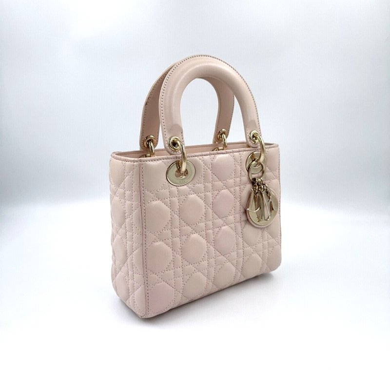 Dior淡粉金釦羊皮藤格金釦小號黛妃包-2