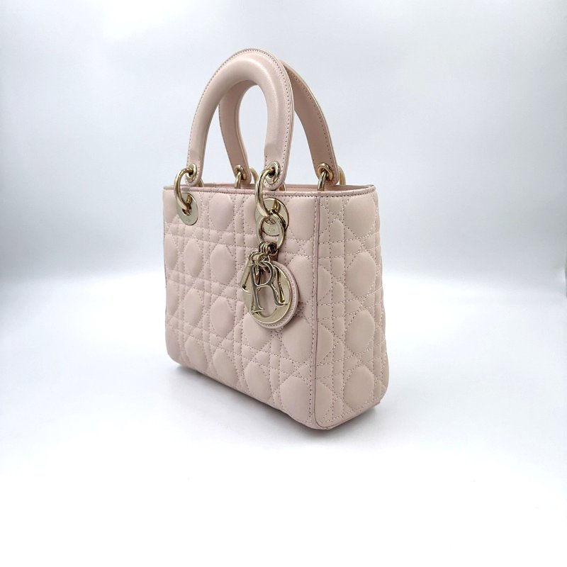 Dior淡粉金釦羊皮藤格金釦小號黛妃包-3