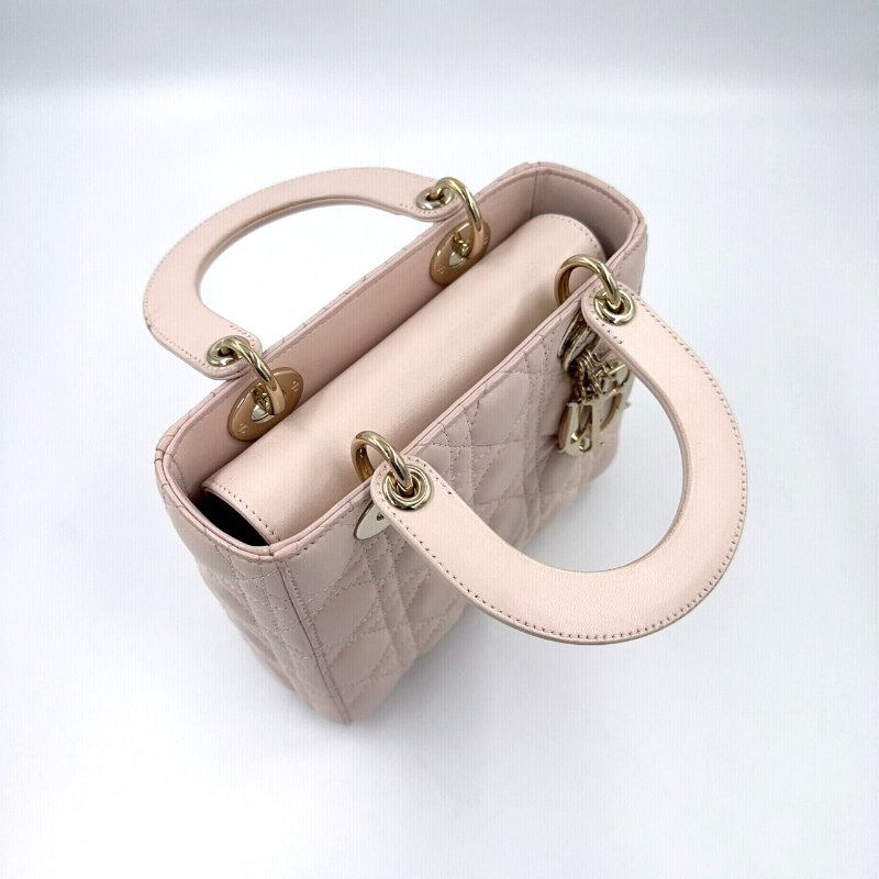 Dior淡粉金釦羊皮藤格金釦小號黛妃包-4