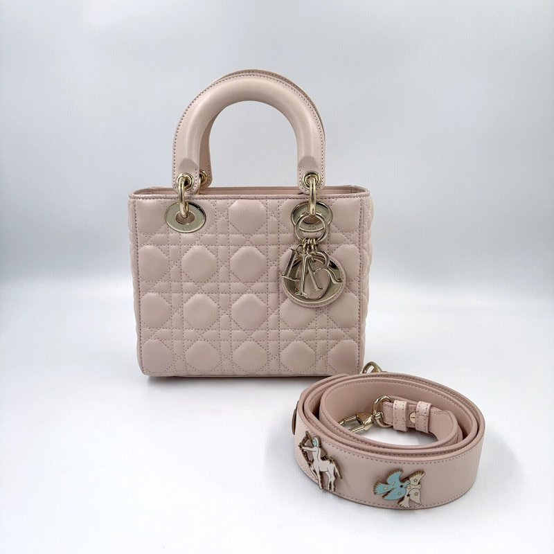 Dior淡粉金釦羊皮藤格金釦小號黛妃包-6