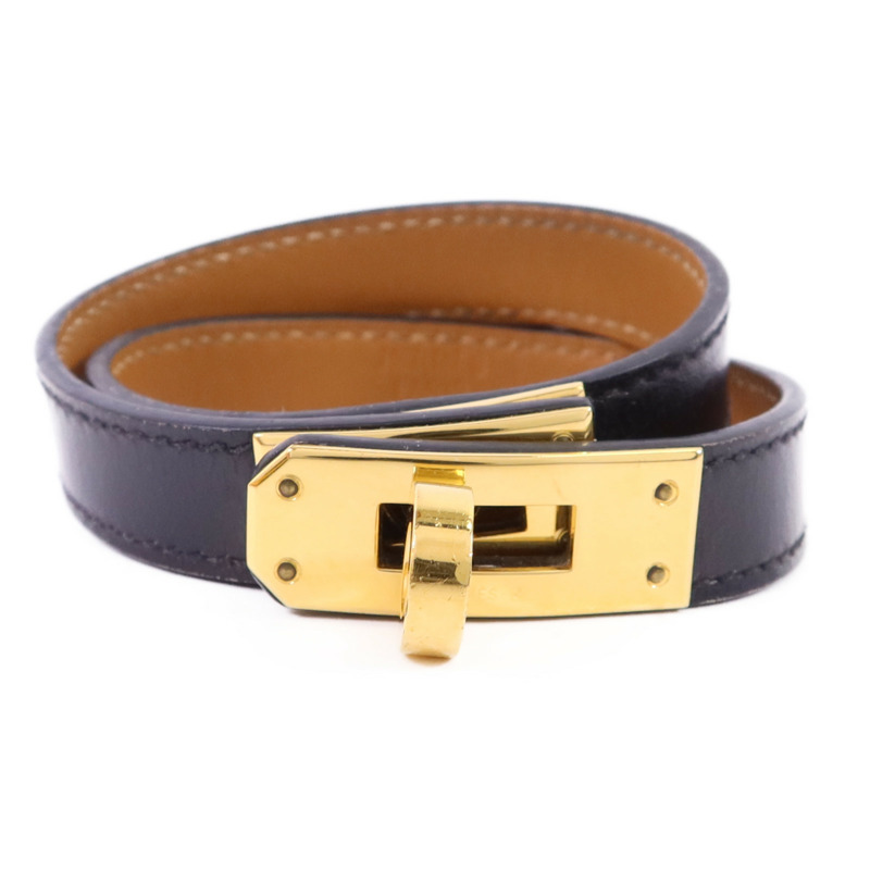 HERMES 皮革Kelly Double Tour Bracelet金扣手鐲Noir-0