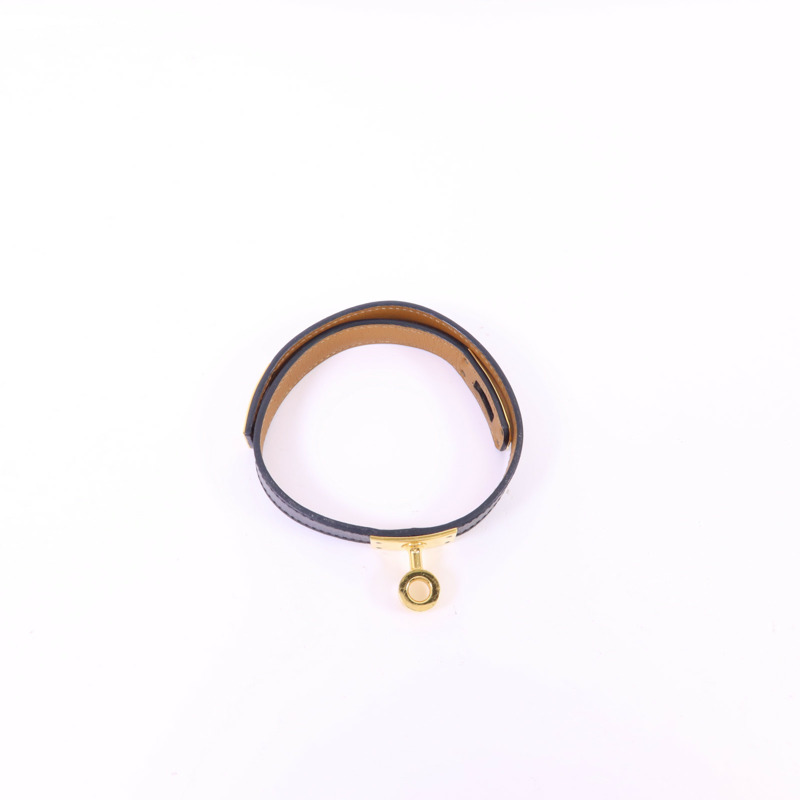 HERMES 皮革Kelly Double Tour Bracelet金扣手鐲Noir-5