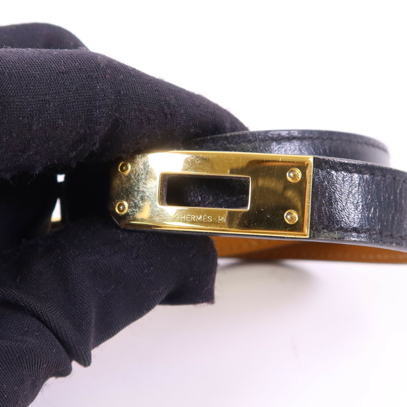 HERMES 皮革Kelly Double Tour Bracelet金扣手鐲Noir-6