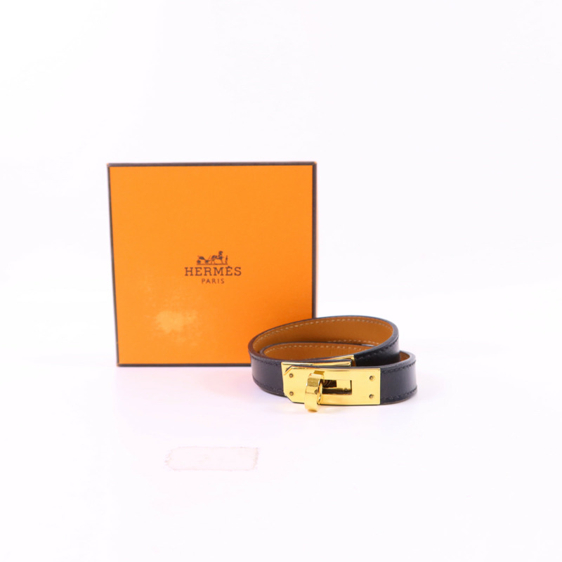 HERMES 皮革Kelly Double Tour Bracelet金扣手鐲Noir-15